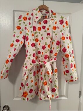 Michael Kors White Floral Belted Trench Coat with Pink & Orange Roses